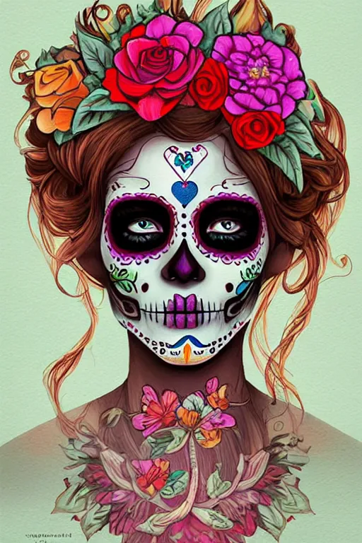Prompt: Illustration of a sugar skull day of the dead girl, art by WLOP