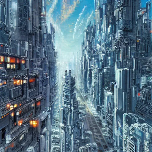 Image similar to highly detailed futuristic city t - 1 0 0 cityscape, katsuhiro otomo style painting