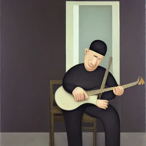 Image similar to a painting of a man playing the guitar by gertrude abercrombie. precisionism, surrealism, dark, low contrast, featured on pixiv, art on instagram, detailed painting