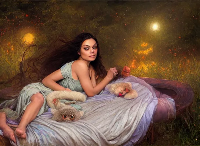 Image similar to Mila Kunis staring into the camera singing a lullaby, fireflies, full moon, Lilia Alvarado, Sophie Anderson, Mark Arian, Bob Byerley, Charlie Bowater, Mark Brooks, Steve Henderson, Justin Gerard, Arthur Hughes, Edward Robert Hughes, Mark Keathley, Victor Nizovtsev, Carlos Shwabe, Ross Tran, WLOP