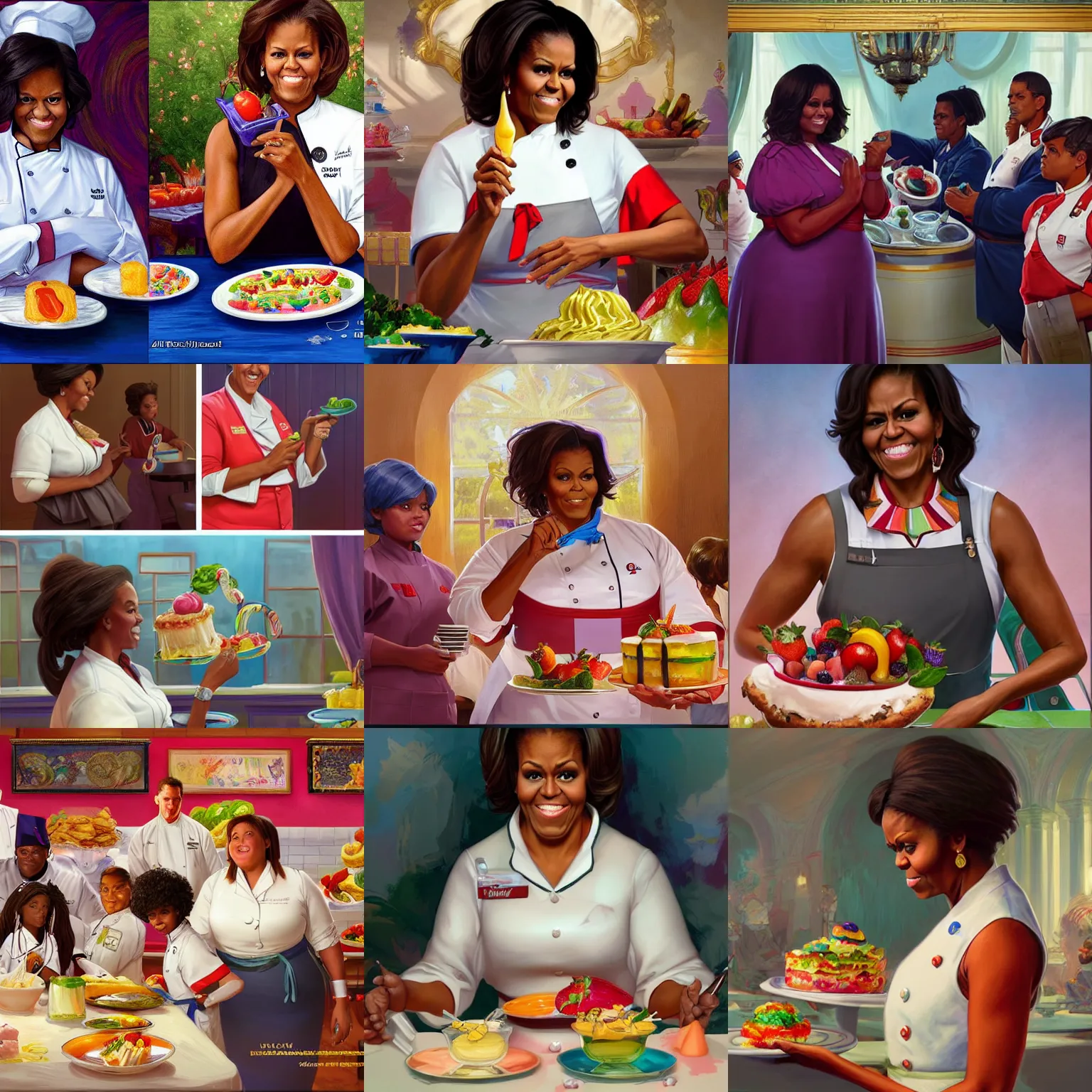 Prompt: Michelle Obama as an Obese chef serving colorful desserts to kids in the Oval room, highly detailed, digital painting, artstation, concept art, sharp focus, illustration, art by artgerm and greg rutkowski and alphonse mucha