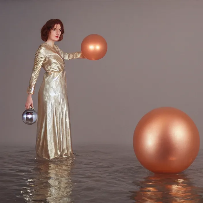 Prompt: a closeup portrait of a woman wrapped in plastic, standing next to a levitating copper orb, in a river, color photograph, by vincent desiderio, canon eos c 3 0 0, ƒ 1. 8, 3 5 mm, 8 k, medium - format print