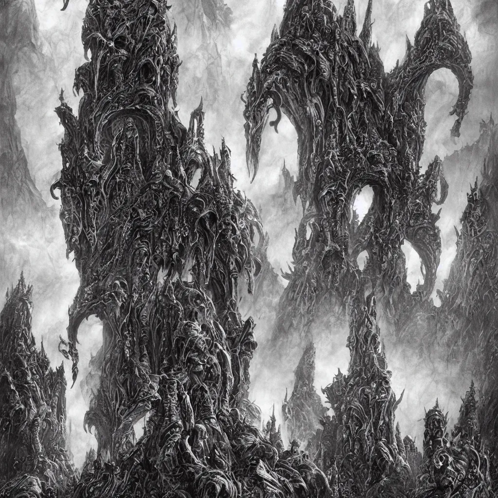 Image similar to dark alien castles, grotesque symmetrical towers and demonic tentacle dragon altars in the mountains of antarctica, upward cinematic angle, by rodney matthews, michael kaluta, stephen gammell and bill sienkiewicz, fantasy art, intense atmosphere, striking composition, ghost faces, monster statues, intricate, strange, ornate, digital art, hyperdetailed, colorful hyperrealism, blue and violet and snowy white color scheme, photorealism, 8k