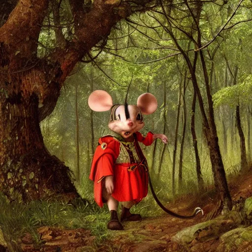 Image similar to an adventurous anthropomorphic mouse wearing medieval clothing walking through a lush forest, vasnetsov, 4k resolution