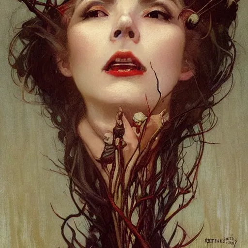 Prompt: portrait of a menacing beautiful vampire, face only, half closed detailed eyes, by Stanley Artgerm Lau , greg rutkowski, thomas kindkade, alphonse mucha, loish, norman rockwell, J. C. Leyendecker. hair waving in the wind, pale skin, sinister complexion, thorn crown, image bordered by thorns. D&D, fantasy. Trending on artstation rule of thirds extremely detailed illustration hd 4k