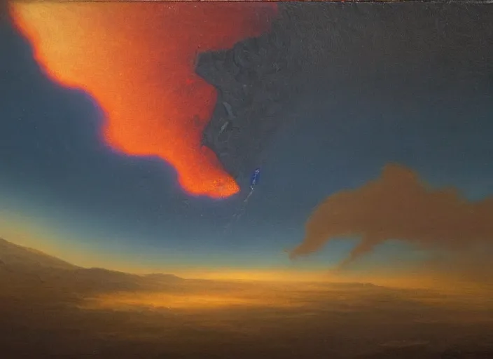 Image similar to a young earth, filled with volcanos, lava, glowing sky and a very thin atmosphere. water is just starting to form. in the style of hudson river school of art, oil on canvas