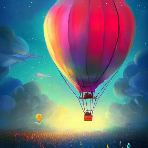 Prompt: a beautiful colorful stunning fantasy whimsical matte digital storybook concept illustration of a night - time hot - air balloon race by marc simonetti and anato finnstark, disney, magical bokeh moon stars, trending on artstation hq, masterpiece