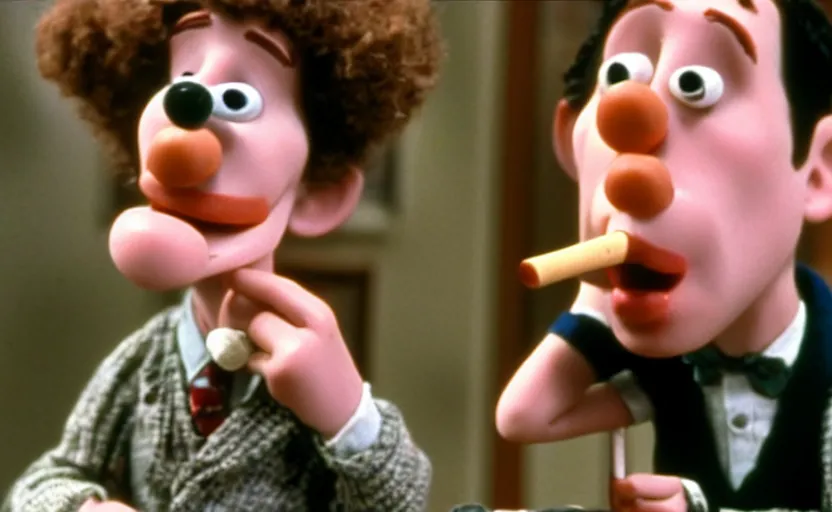 Image similar to Wallace smoking crack from a crack pipe in a still from the short movie A Grand Day Out (1989), crack cocaine, Wallace and Gromit, Aardman Animations, claymation, 4k, high quality