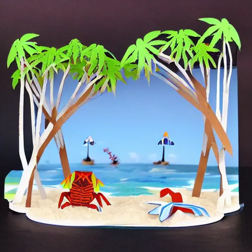 Prompt: paper cutout diorama of crab rave at the beach - n 6