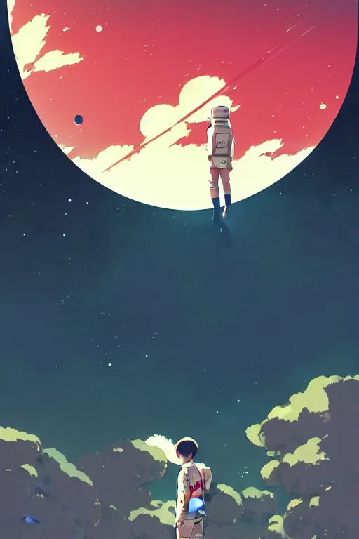 Image similar to cover of a astronaut by ilya kuvshinov, cloudy sky background lush landscape ln illustration concept art anime key visual trending pixiv by victo ngai fanbox by greg rutkowski makoto shinkai takashi takeuchi studio ghibli