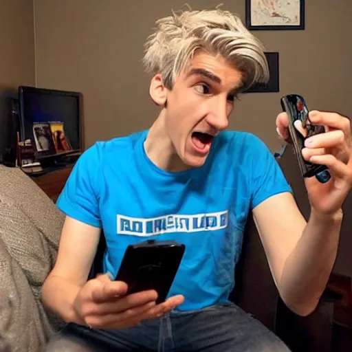 Image similar to xqc raging while playing clash royale on his phone, his messy room is in the background