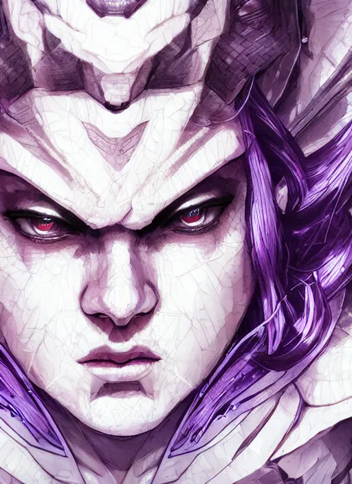 Prompt: close up portrait of a pale woman in amethyst power armor with purple hair, powerful, domineering, stoic, masterful, intense, ultrafine hyperdetailed illustration by kim jung gi, irakli nadar, takuji kawano, intricate linework, sharp focus, octopath traveler, highly rendered, detailed, concept art