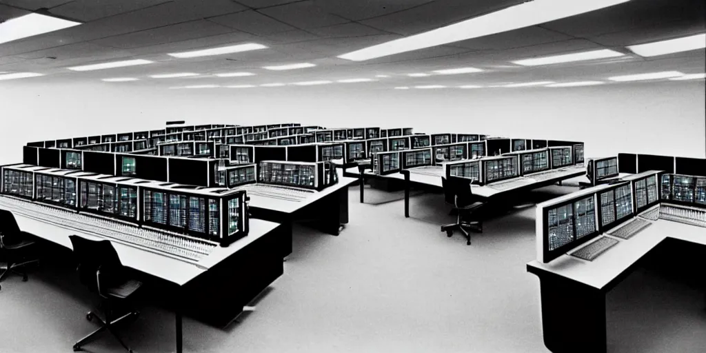 Image similar to a large 1970's computing room with 9-track machines and glowing screens. by IBM by Amdahl.