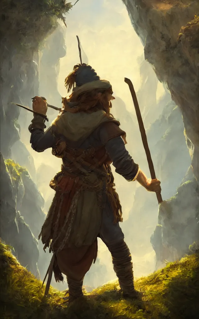 Image similar to an oil art painting of young handsome fool adventurer with hobo stick bindle rucksack, grim gwent card, gipsy mage adventurer character design from inquisition, climbing up a cliffside, 4 k, ultra detail, volumetric lighting, unreal engine, octane render