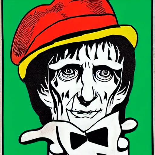 Image similar to a man with a hat, and a t - shirt with a rolling stones picture, carrying a guitar, then around it was written punk writing. pop art style images. symmetrical anatomy. without duplication of images. without repeating the same image. by mel ramos and hariton pushwagner