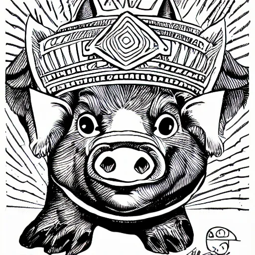 Image similar to detailed lineart comic book drawing of pig wearing a gold crown in the style of jim lee