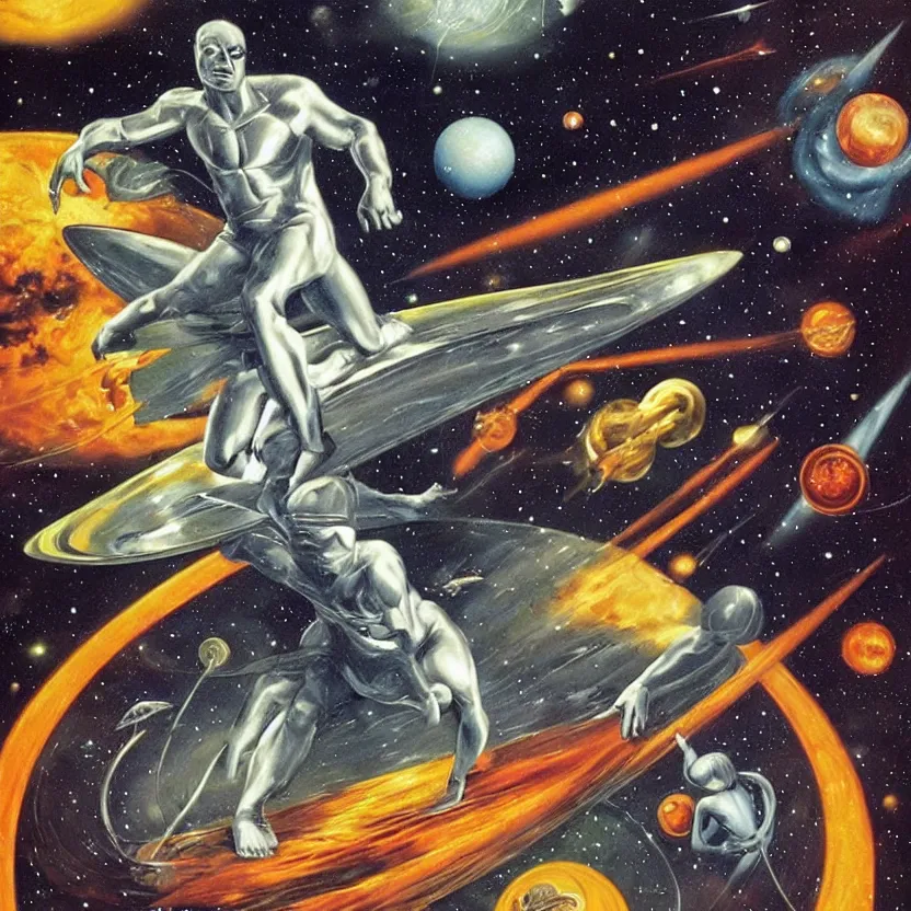 Prompt: silver surfer surfing by planets in space. action shot. pulp sci - fi art for omni magazine. high contrast. baroque period, oil on canvas. renaissance masterpiece.