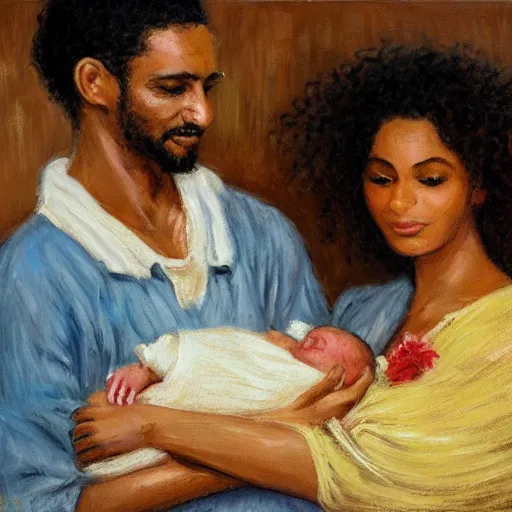 Image similar to a pregnant east african woman with an egyptian man with curly hair in a delivery room, holding newborn baby, very happy, warm colors, vintage, impressionist painting, fine art, oil painting, dreamy, pastel, intricate details, sharp, peaceful, serene