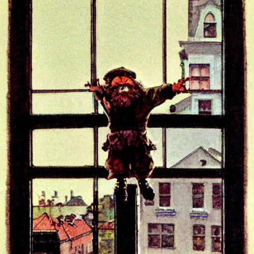 Image similar to close up portrait of dwarf jumping from window by norman rockwell, illustration, 5 0 mm lens,