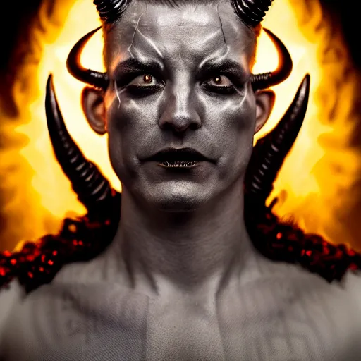 Prompt: photorealistic, iso - 4 0 0, canon eos 5 d mark iv, shot on 7 0 mm, portrait of male archangel bellringer form lexx by lee jeffries and platon colloidal silver skin makeup, flames halo ring over head, demonic, horns, fangs, nd 4, perfect studio lighting