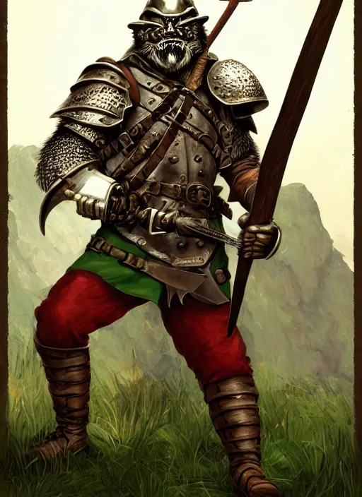 Image similar to strong young man, photorealistic bugbear ranger holding a flaming sword, black beard, dungeons and dragons, pathfinder, roleplaying game art, hunters gear, jeweled ornate leather and steel armour, concept art, character design on white background, by alan lee, norman rockwell, makoto shinkai, kim jung giu, poster art, colours red and green