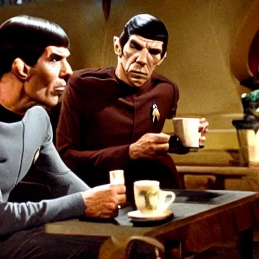 Image similar to photo of mr spock drinking coffee with a klingon, cinematic, movie still