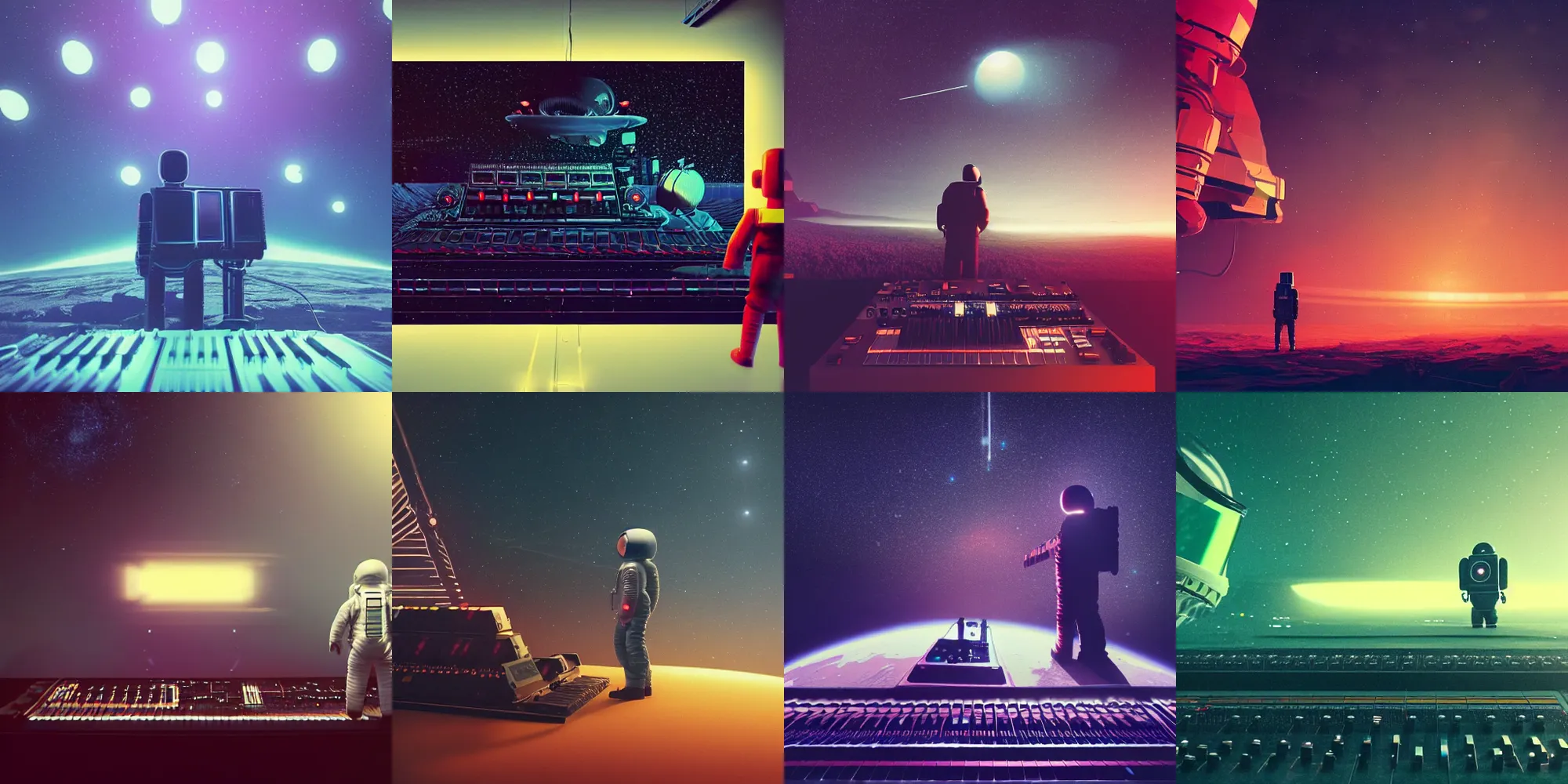 Prompt: beautiful dark landscape, astronaut standing looking at a giant old analog synthesizer with keyboard, in the style of beeple and Mike Winkelmann, intricate, epic lighting, cinematic composition, hyper realistic, 8k resolution,
