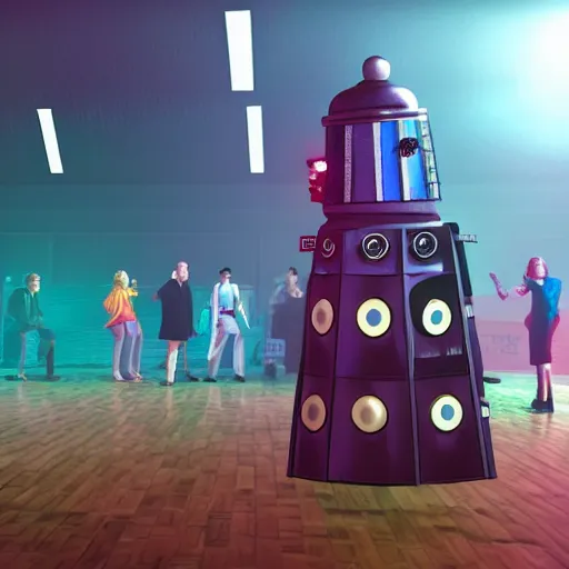 Image similar to the tenth Doctor Who at a polka dancing contest at the YMCA basketball gym, everyone in the background clapping including a Dalek, in the background the Tardis door is open, cgsociety, artstation, UE5, 8K, 4K, HQ, high energy, swing