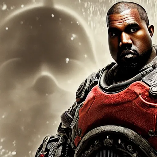 Image similar to Kanye West as santaclaus in 'Gears of War', splash art, movie still, cinematic lighting, detailed face, dramatic, octane render, long lens, shallow depth of field, bokeh, anamorphic lens flare, 8k, hyper detailed, 35mm film grain