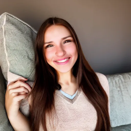 Image similar to a cute young woman smiling, long shiny bronze brown hair, full round face, green eyes, medium skin tone, light cute freckles, smiling softly, wearing casual clothing, relaxing on a modern couch, interior lighting, cozy living room background, medium shot, mid-shot, soft focus