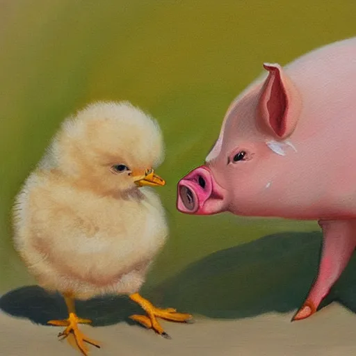 Prompt: A lovely painting of a chick and a pig hugging each-other,