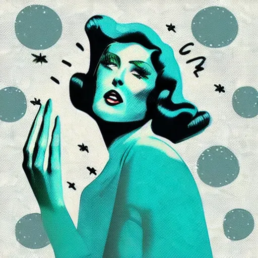 Image similar to “ femme on a galactic shore, 1 9 5 0 s noir, art deco, teal palette ”