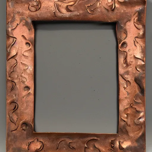 Prompt: a copper picture frame designed by Louis sullivan, patina, weathered, ornate