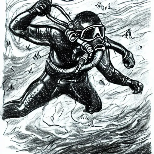 Image similar to old drawing of a scuba diver fighting against a kraken underwater, under water scenery, dramatic lighting, intense, epic, drawing