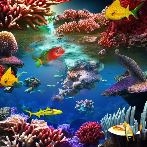 Prompt: coral reef with fish and sharks hyper realistic, volumetric lighting cinematic shadows
