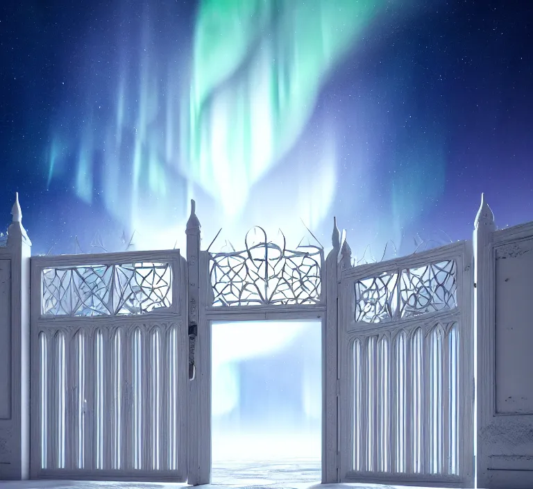 Image similar to a very detailed concept art of intricate and scandinavian white gates to aurora borealis, trending on artstation, symmetry, digital art, 4 k, hyper realistic, octane render, sharp focus