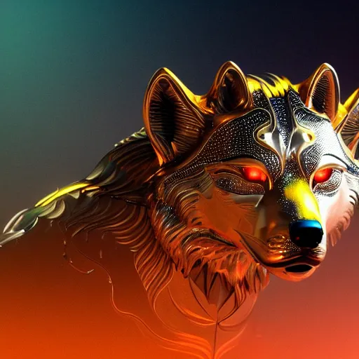 Image similar to chrome and gold wolf, glossy, metallic, neon, symmetrical, tribal patterns, realistic, unreal engine, octane, redshift, artstation, behance