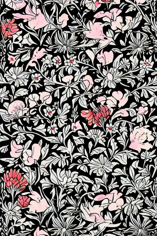 Image similar to spring flowers, happy and beautiful, by jacdraws and william morris, thick black lineart, anime