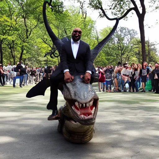 Prompt: steve harvey riding a dinosaur in central park