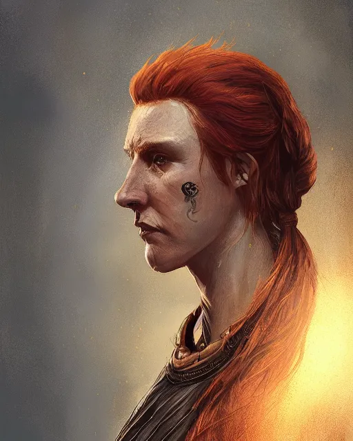 Prompt: the elder scrolls vi, charismatic rugged female redhead breton mage portrait, illustration, rim light, top light, perfectly shaded, golden hour, epic, intricate, soft painting, by leesha hannigan, ross tran, thierry doizon, kai carpenter, ignacio fernandez rios