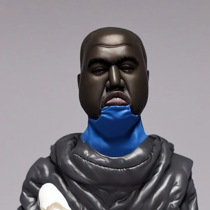 Prompt: kanye west, a goodsmile figure of kanye west using a full face covering black mask, a small, tight, child size reflective bright blue round puffer jacket made of nylon and big black balenciaga rubber boots, figurine, detailed product photo