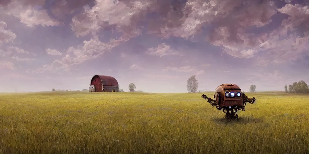 Image similar to a single colossal rusty old robot sad and alone in an empty field in the countryside with a barn on a bright sunny day by mike allred and moebius and karol bak sharp digital painting. dreaming latent space. matte painting, concept art. artstation. digital render. realistic, 8 k