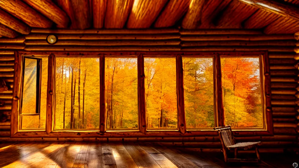 Image similar to inside an old log cabin, the autumn light comes in through a window and dimly illuminates the room, softened diffuse light, photorealism, photo taken with canon EOS 5D and 35 mm lens