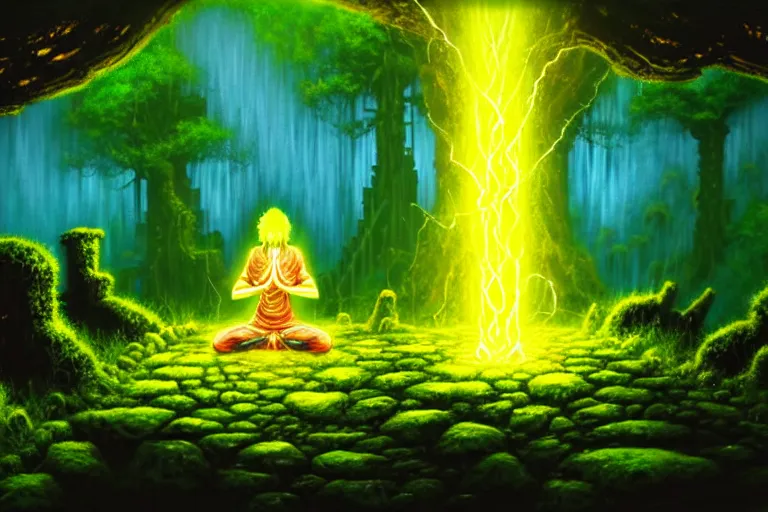 Prompt: a wanderer wearing yellow sits in meditation at an ancient shrine. mossy decrepit ruins in a forgotten land. magical leylines emit streaks of various colors of mana streams. a final fantasy concept splash oil painting of a rogue mage absorbing powers from the dungeon depths in an enchanted garden.