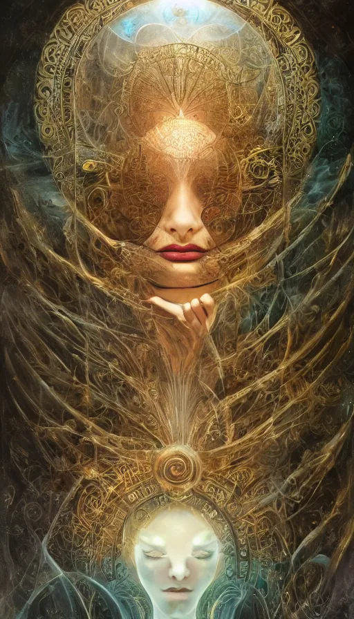 Prompt: goddess of illusion, beautiful, stunning, breathtaking, mirrors, glass, magic circle, magic doorway, fantasy, mist, bioluminescence, hyper - realistic, unreal engine, by karol bak