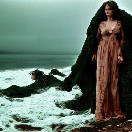 Image similar to dark and moody 1 9 7 0's artistic spaghetti western film in color, a woman in a giant billowy wide long flowing waving dress made out of white sea foam, standing inside a green mossy irish rocky scenic landscape, crashing waves and sea foam, volumetric lighting, backlit, moody, atmospheric