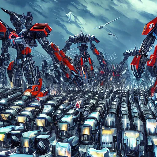 Prompt: sprawling view of an army of decepticons marching on cybertron, trending on artstation