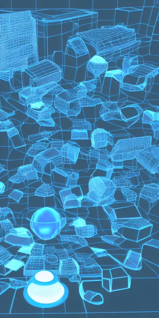 Prompt: surreal 3d render of Cyber y2k aesthetic blue translucent gadgets and shapes, surreal space, 2000s