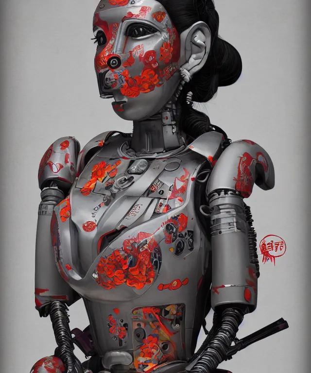 Image similar to an epic fantastic realism comic book style portrait painting of a japanese robotic geisha with kanji tattoos and decals, apex legends, octane render, intricate detail, 4 k hd, unreal engine 5, ex machina, irobot