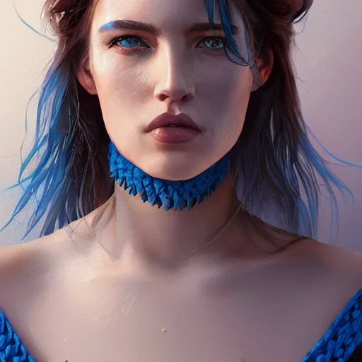 Prompt: A caucasian woman with blue and brown ombre hair wearing a crocheted crop-top, illustrated by Greg Rutkowski, photorealistic portrait, trending on artstation, artstationHQ, artstationHD, dappled lighting,